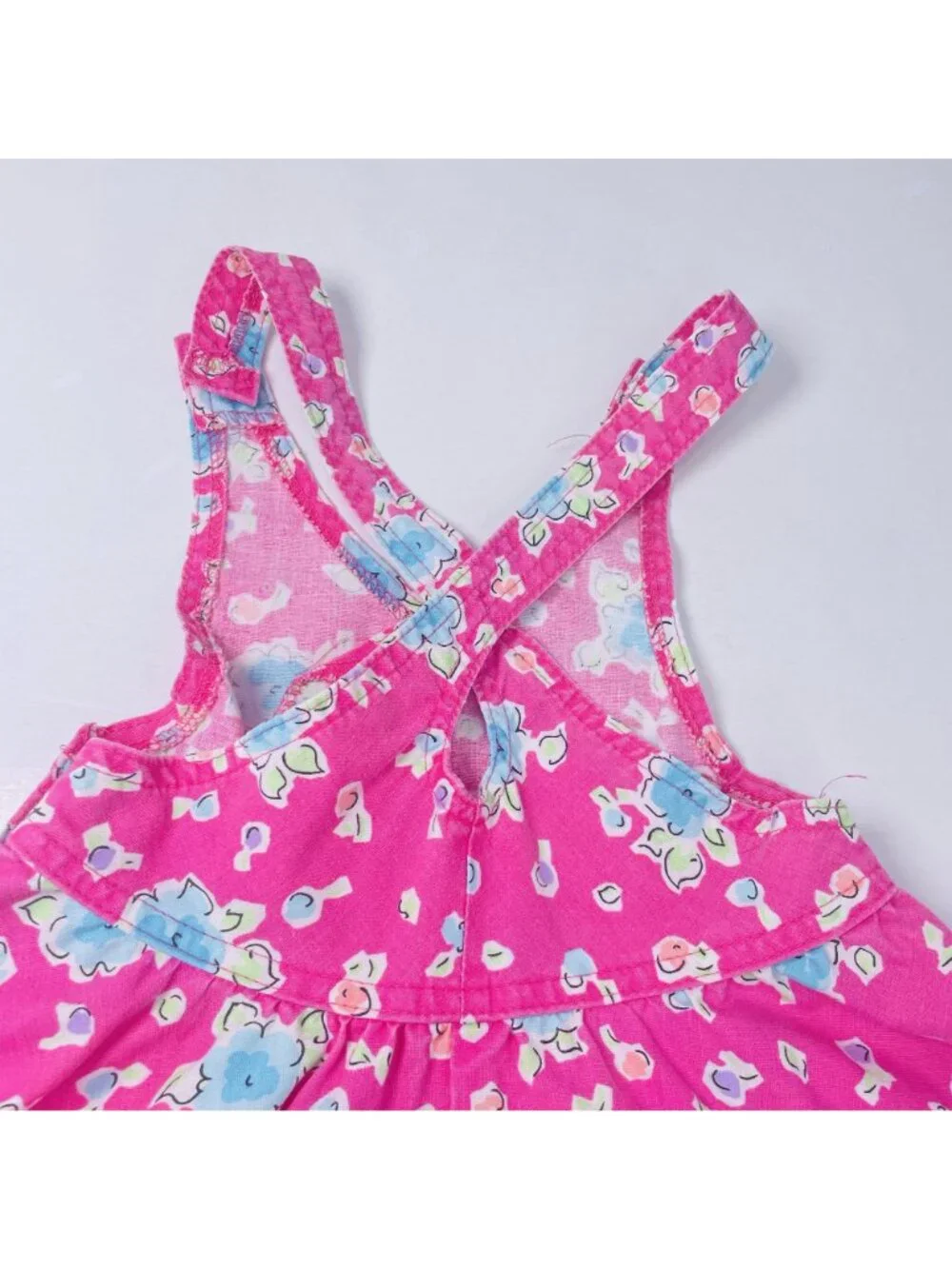 Vintage Oshkosh Toddler Girls Pink Cross Over Floral Denim Overalls Dress 4T